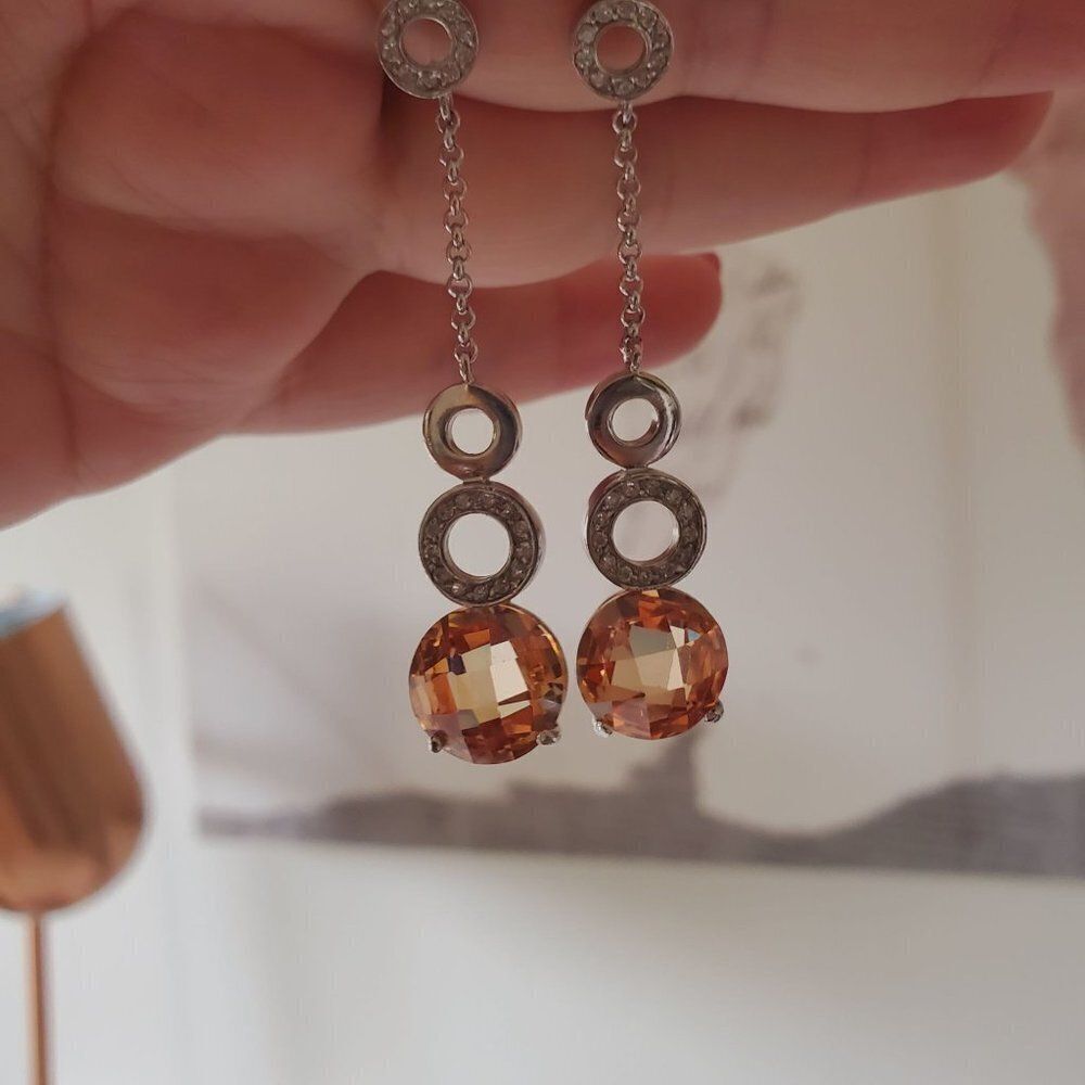 Glamour Silver Crystal Peach Pendant Earrings EUC